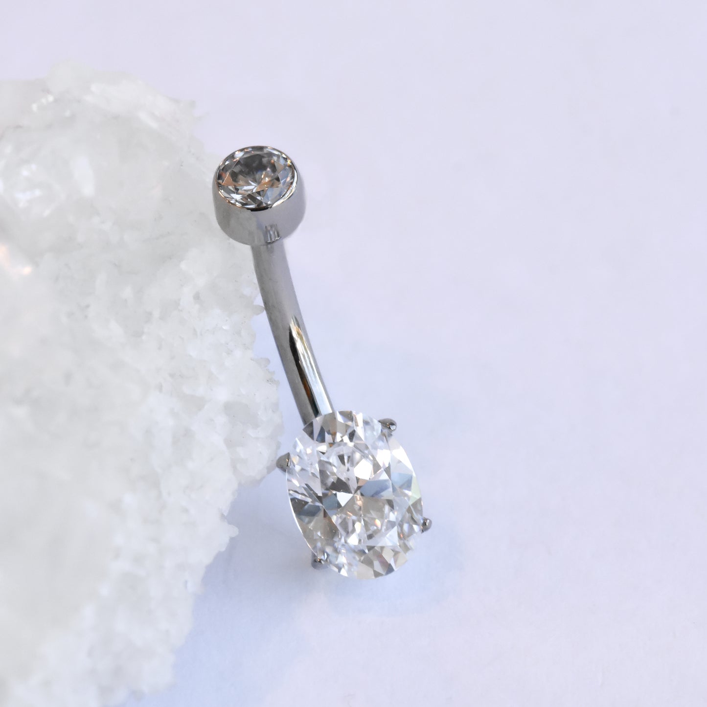 Oval-Set Navel Curve - Clear CZ-Steel& - Titanium - Curved Shafts - Navel Curves - Prong Curves - 7& - 16"-Anatometal-