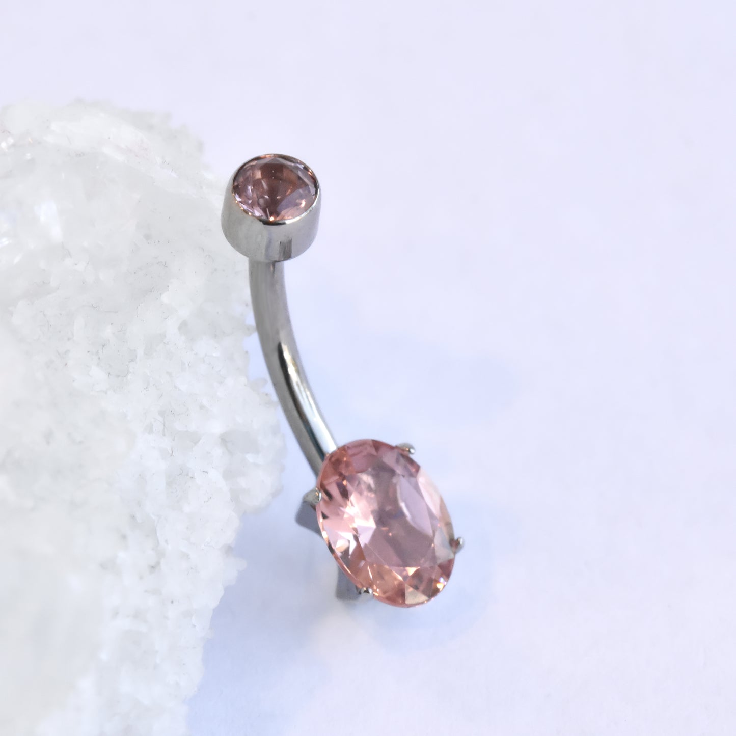 Oval-Set Dusty Morganite Navel Curve-Steel& - Titanium - Curved Shafts - Navel Curves - Prong Curves - 7& - 16"-Anatometal-