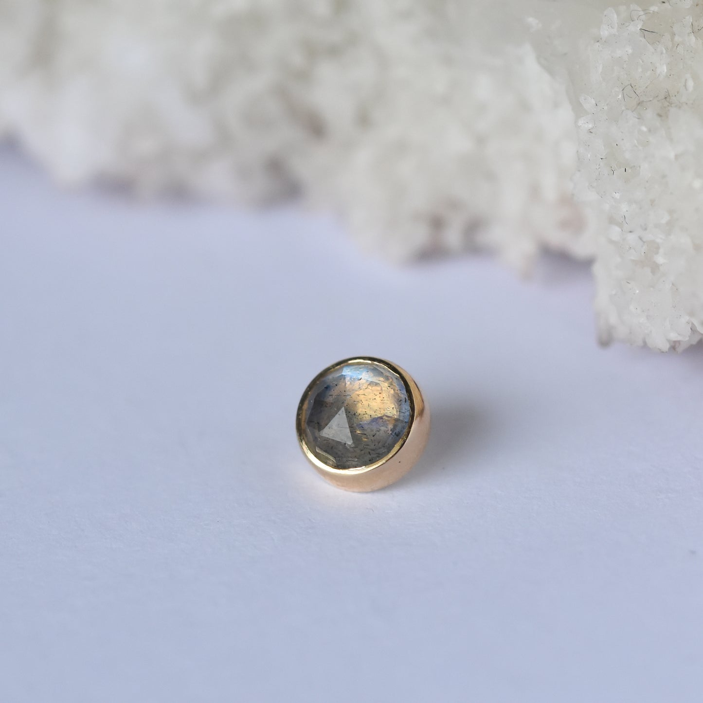 Bezel End - Rose Cut Labradorite - End Only-body jewelry-Alchemy Adornment-Yellow Gold-14g Threaded-