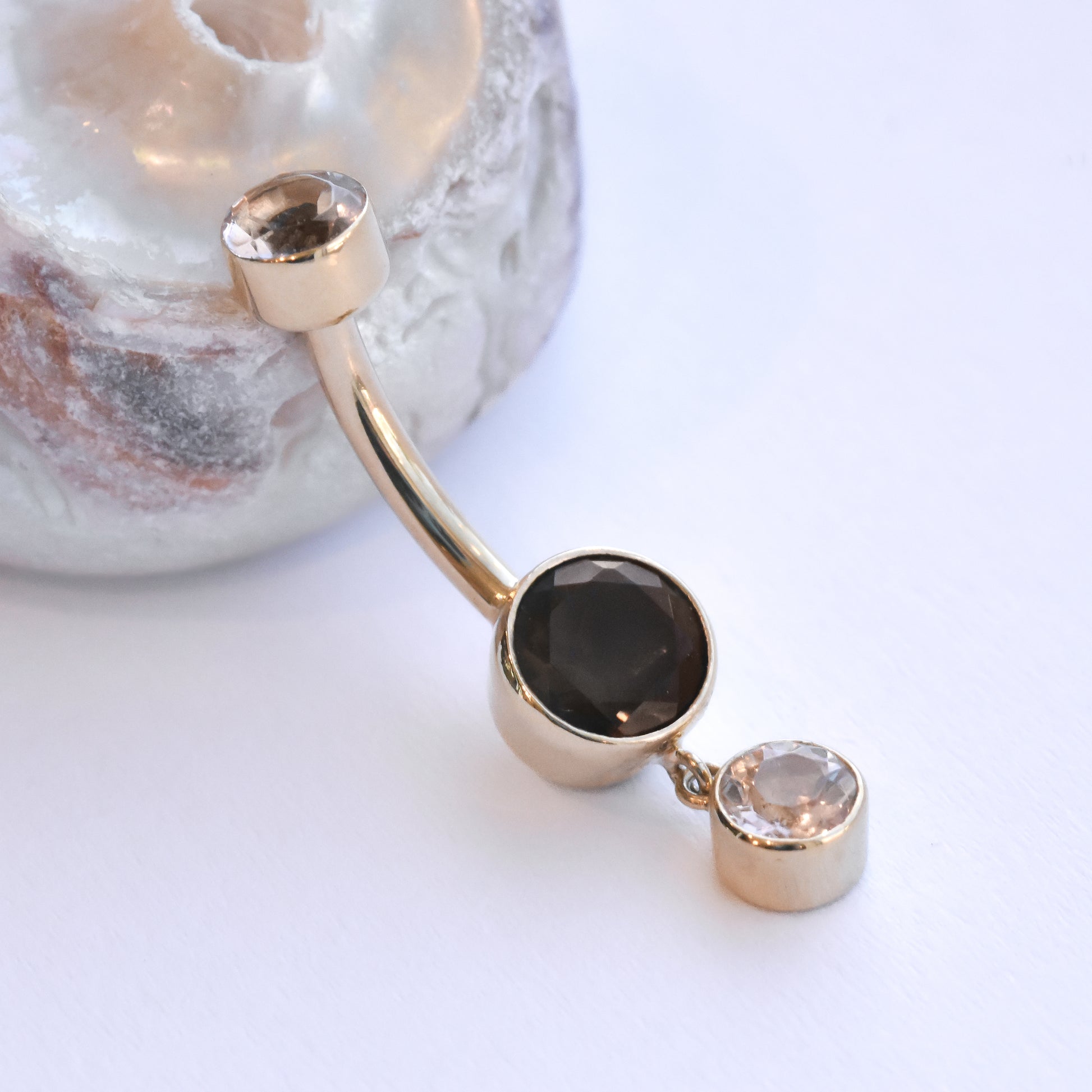 Gold Navel Curve Dangle - Genuine Morganite & Smoky Quartz-body jewelry-Anatometal-