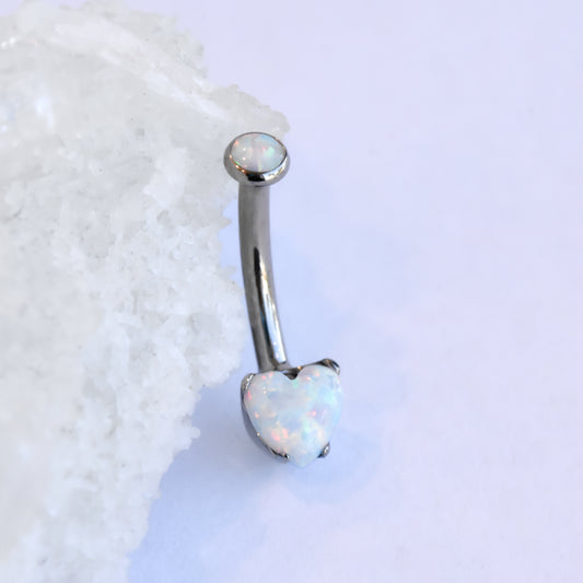 Heart Navel Curve Shaft - White Opal-Steel& - Titanium - Curved Shafts - Navel Curves - Heart Curves - 3& - 8"-Anatometal-3/8"-